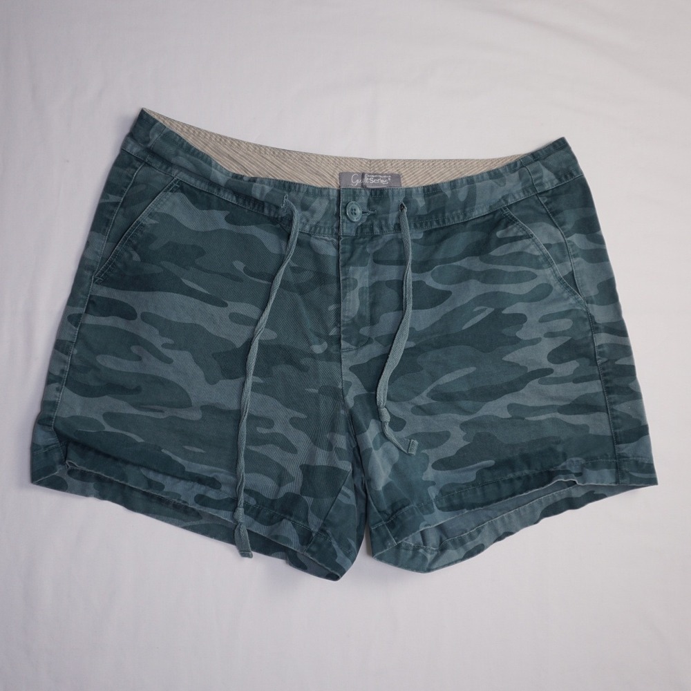 Gander Mountain Size 12 Blue Camo Cotton Shorts Drawstring Waist